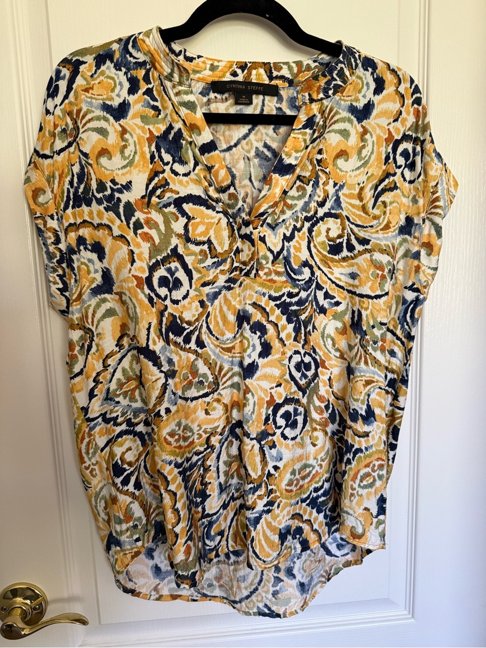 Cynthia Steffe Mustard Navy Paisley V-Neck Blouse